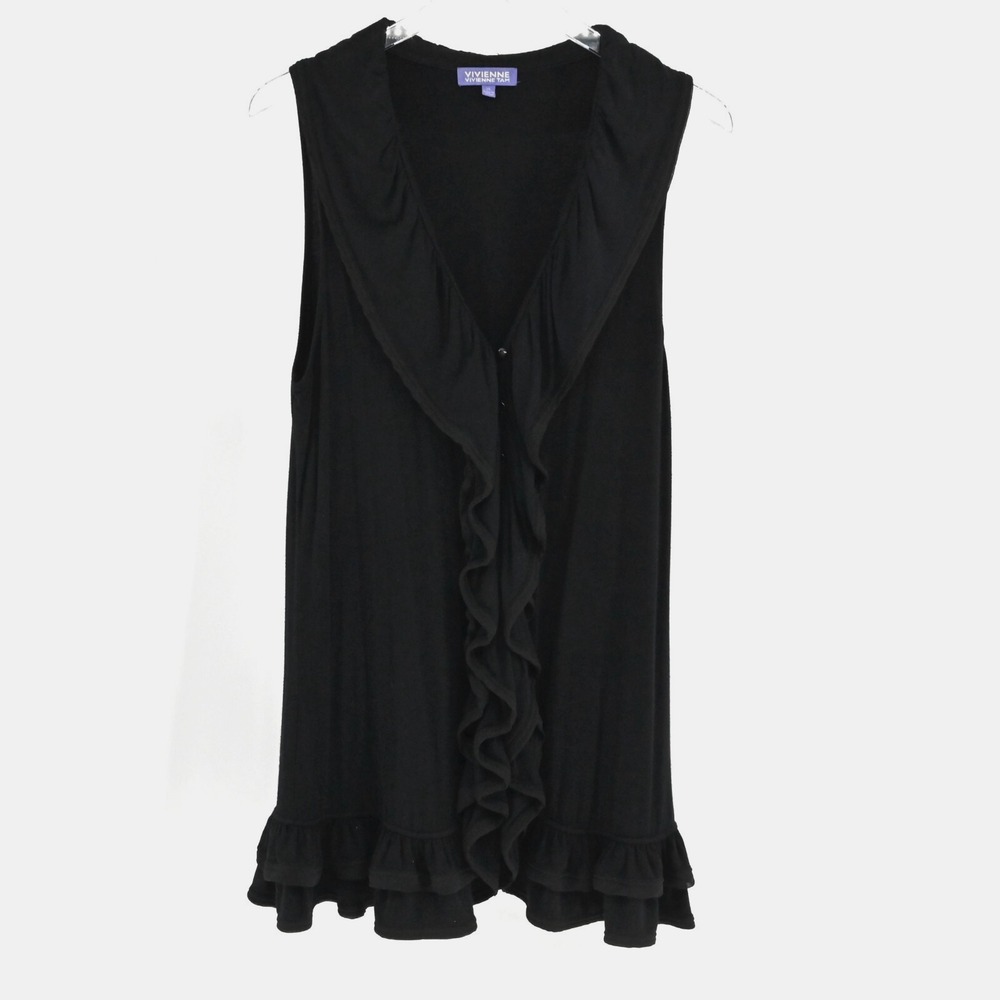 VIVIENNE TAM Womens Black Ruffle Top Size XL Blouse Sleeveless Button Front